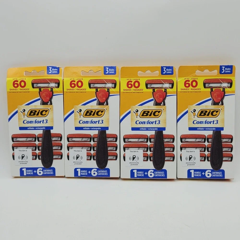 Lot of 4 BIC Comfort 3 Hybrid Men's Disposable 3 Blade Razors 4 Handles 24 Carts